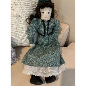 Handmade Vintage Rag Doll In Green Floral Dress & Lace Trim By Cattle Kate Jacks
